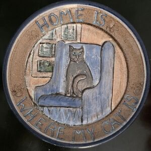 Handcrafted Ceramic Signed Blue and Brown Cat Art Plate